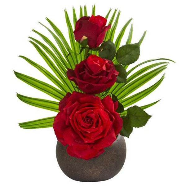 14" Elegant Rose Artificial Arrangement In Stone Brown Vase A1251 By Nearly Natural