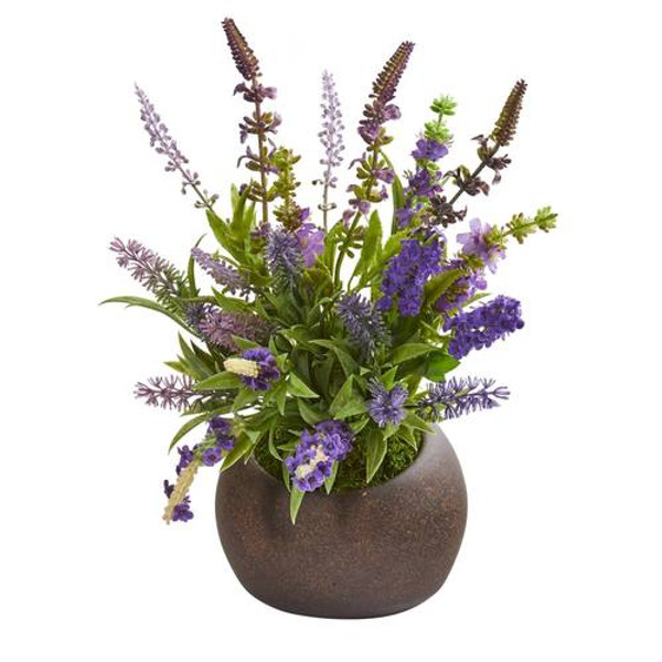 14" Lavender Artificial Arrangement In Stone Vase A1258 By Nearly Natural