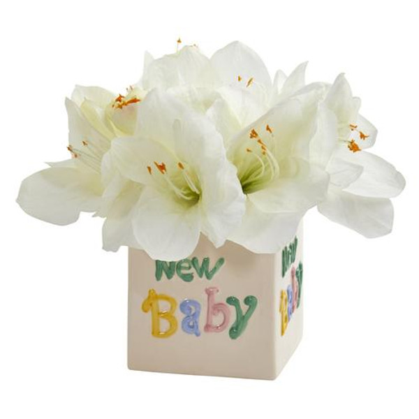 12" Amaryllis Artificial Arrangement In "New Baby" Vase A1298-WH By Nearly Natural