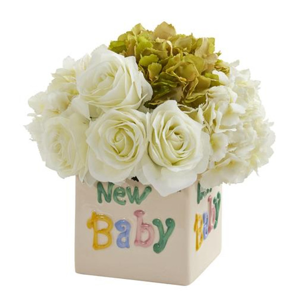 11" Rose And Hydrangea Artificial Arrangement In "New Baby" Vase A1309-GW By Nearly Natural