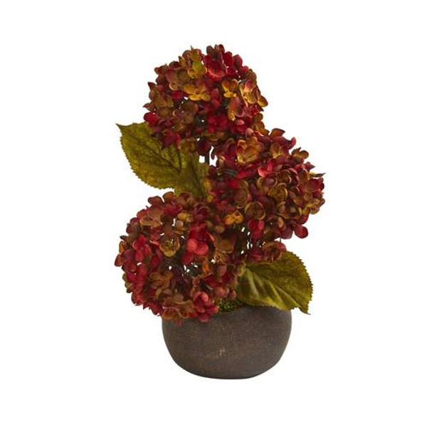 14" Fall Hydrangea Artificial Arrangement In Stone Vase A1326 By Nearly Natural