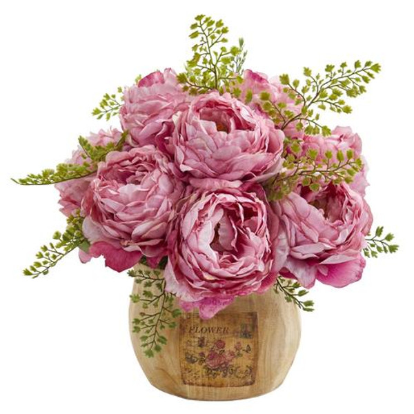 12" Peony Artificial Arrangement In Decorative Planter A1376-PK By Nearly Natural