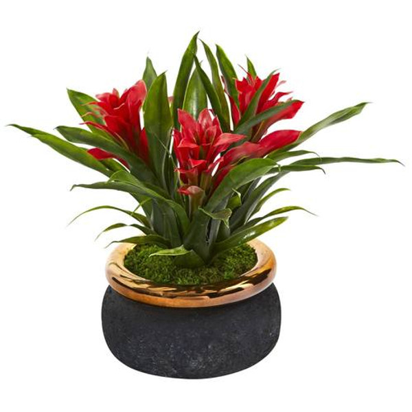 11" Bromeliad Artificial Plant In Stoneware Planter P1014-RD By Nearly Natural
