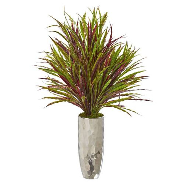 33" Fall Grass Artificial Plant In Silver Planter P1031 By Nearly Natural