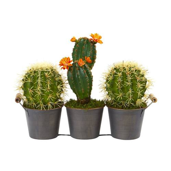 14" Cactus Artificial Plant In Triple Metal Planter P1055 By Nearly Natural