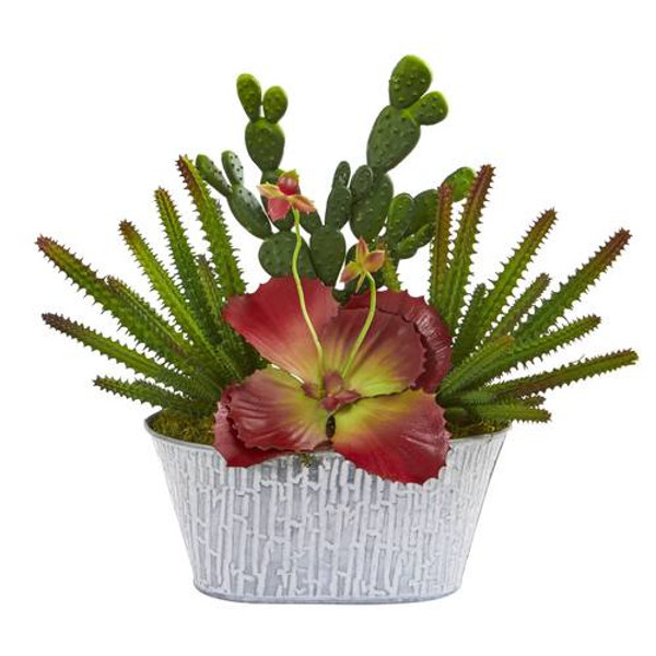 14" Mixed Succulent Artificial Plant In White Tin Planter P1166 By Nearly Natural
