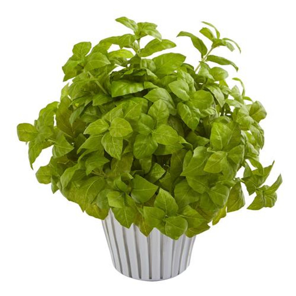 14" Basil Artificial Plant In White Planter With Silver Trimming P1225-GR By Nearly Natural