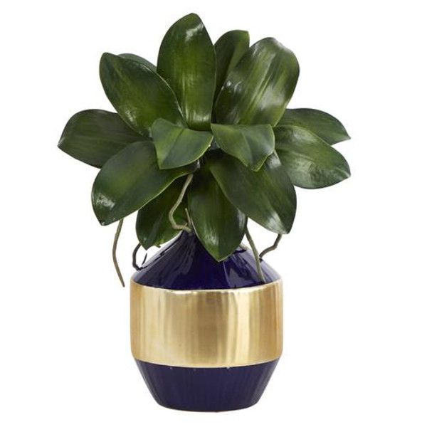 14" Phalaenopsis Orchid Leaf Artificial Plant In Blue And Gold Planter P1363 By Nearly Natural