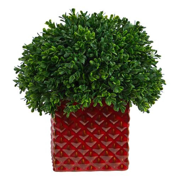 11" Boxwood Topiary Artificial Plant In Red Planter Uv Resistant (Indoor/Outdoor) P1389 By Nearly Natural
