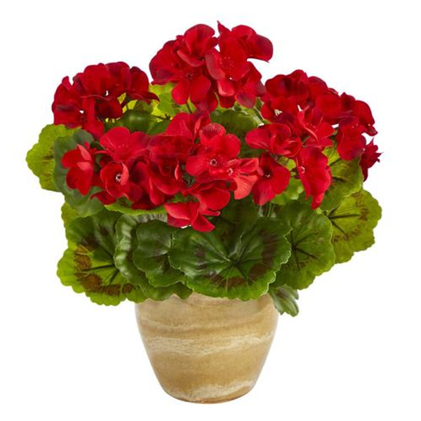 11" Geranium Artificial Plant In Ceramic Planter Uv Resistant (Indoor/Outdoor) P1442-RD By Nearly Natural