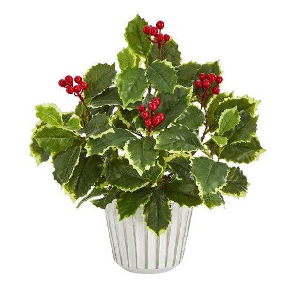 13" Variegated Holly Leaf Artificial Plant In White Planter With Silver Trimming (Real Touch) P1447 By Nearly Natural