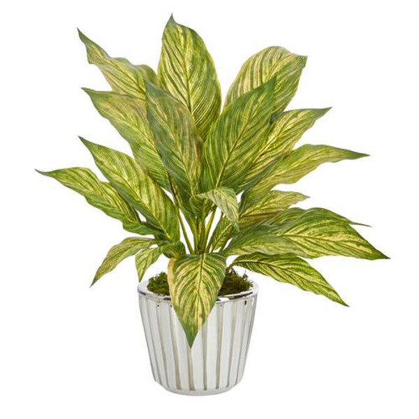 14" Musa Leaf Artificial Plant In White Planter With Silver Trimming P1448 By Nearly Natural