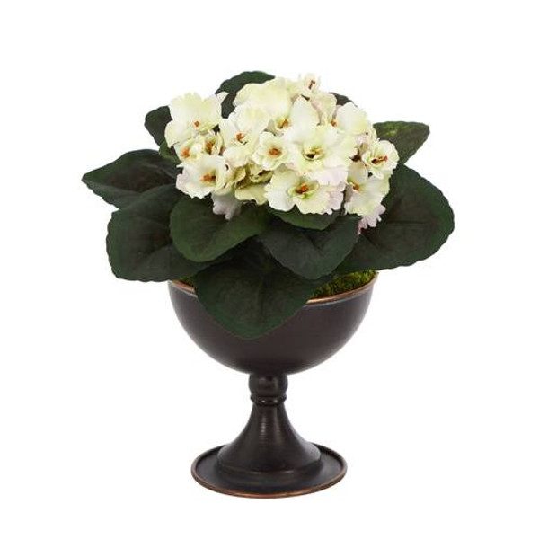 11" African Violet Artificial Plant In Metal Chalice P1468 By Nearly Natural