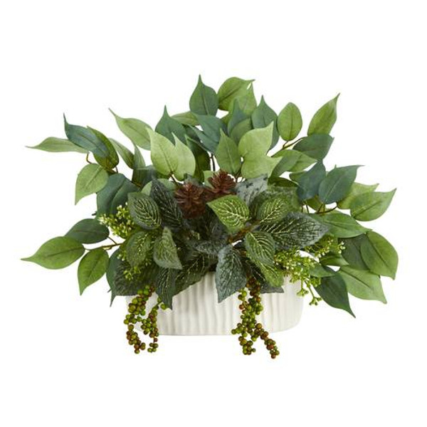 14" Mixed Greens Artificial Plant In White Planter P1493 By Nearly Natural