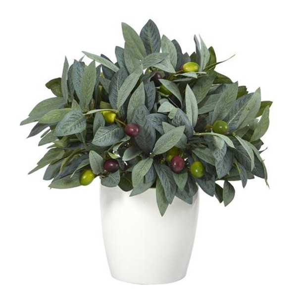 10" Olive Artificial Plant With Berries In White Planter P1534 By Nearly Natural