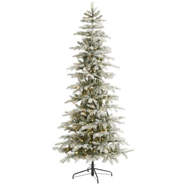 7.5' Slim Flocked Nova Scotia Spruce Artificial Christmas Tree With 450 Warm White Led Lights & 909 Bendable Branches T1856 By Nearly Natural