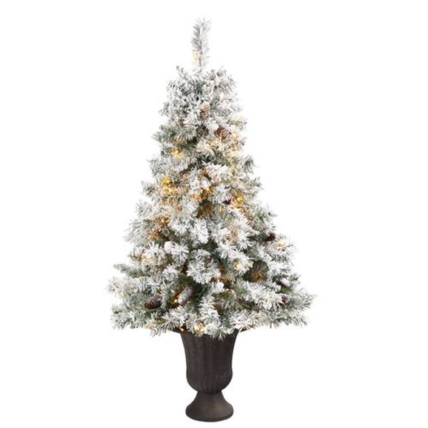 4.5' Flocked White River Mountain Pine Artificial Christmas Tree With Pinecones & 100 Clear Led Lights In Charcoal Urn T2267 By Nearly Natural
