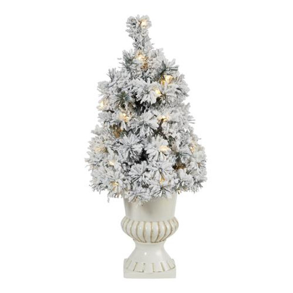 28" Flocked Artificial Christmas Tree With 30 Clear Led Lights In White Urn T2313 By Nearly Natural