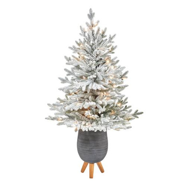 45" Flocked Fraser Fir Artificial Christmas Tree With 200 Warm White Lights & 481 Bendable Branches In Gray Planter With St& T2316 By Nearly Natural