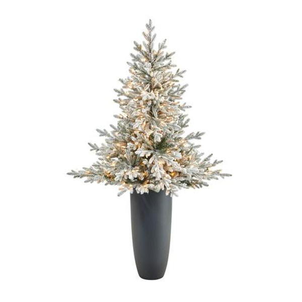 5' Flocked Fraser Fir Artificial Christmas Tree With 300 Warm White Lights & 967 Bendable Branches In Gray Planter T2318 By Nearly Natural