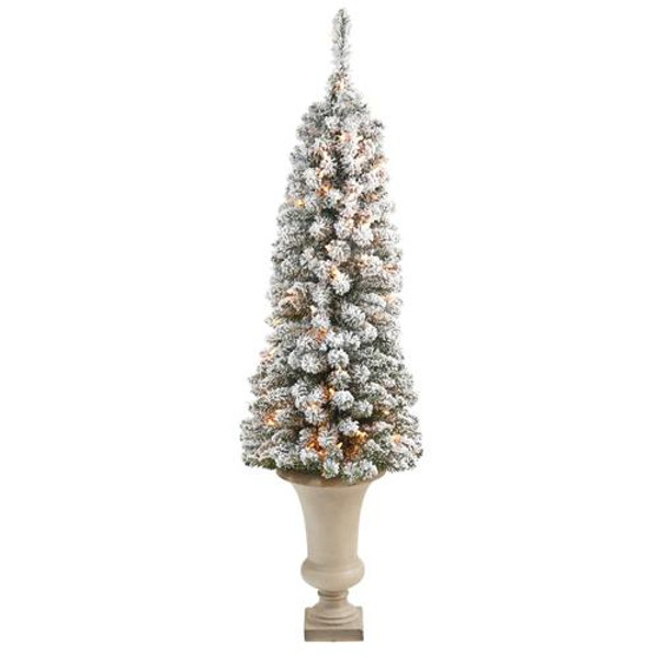 4.5' Flocked Pencil Artificial Christmas Tree With 100 Clear Lights & 216 Bendable Branches In S& Colored Urn T2330 By Nearly Natural