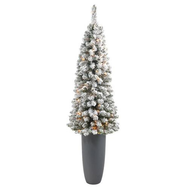 56" Flocked Pencil Artificial Christmas Tree With 100 Clear Lights & 216 Bendable Branches In Gray Planter T2331 By Nearly Natural