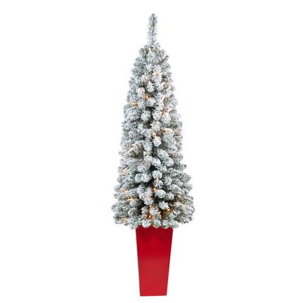 4.5' Flocked Pencil Artificial Christmas Tree With 100 Clear Lights & 216 Bendable Branches In Tower Planter T2332 By Nearly Natural