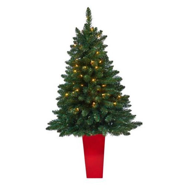 52" Northern Rocky Spruce Artificial Christmas Tree With 100 Clear Lights & 322 Bendable Branches In Tower Planter T2337-RD By Nearly Natural