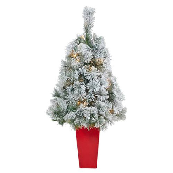 44" Flocked Oregon Pine Artificial Christmas Tree With 50 Clear Lights & 113 Bendable Branches In Red Tower Planter T2421 By Nearly Natural