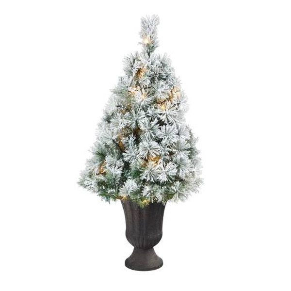 44" Flocked Oregon Pine Artificial Christmas Tree With 50 Clear Lights & 113 Bendable Branches In Charcoal Planter T2422 By Nearly Natural