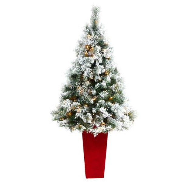 5' Flocked Oregon Pine Artificial Christmas Tree With 100 Clear Lights & 215 Bendable Branches In Red Tower Planter T2424 By Nearly Natural