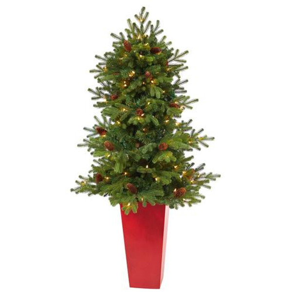 56" Yukon Mountain Fir Artificial Christmas Tree With 100 Clear Lights, Pine Cones & 386 Bendable Branches In Red Tower Planter T2429 By Nearly Natural