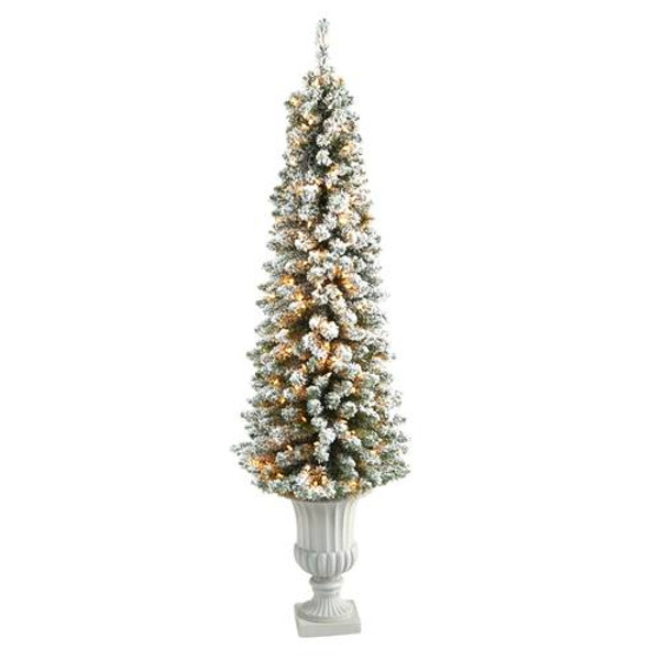 5.5' Flocked Pencil Artificial Christmas Tree With 200 Clear Lights & 318 Bendable Branches In Decorative Urn T2434 By Nearly Natural