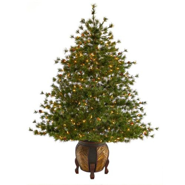 5.5' Colorado Mountain Pine Artificial Christmas Tree With 250 Clear Lights, 669 Bendable Branches & Pine Cones In Decorative Planter T2435 By Nearly Natural