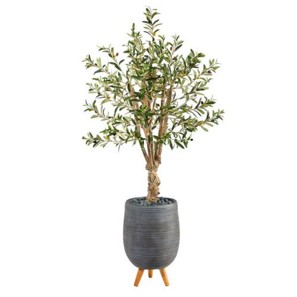 5' Olive Artificial Tree In Gray Tri-Pod Planter T2451 By Nearly Natural