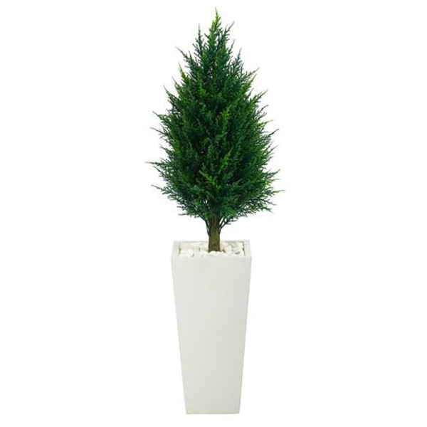 50" Cypress Tower Artificial Tree In Tall White Planter Uv Resistant (Indoor/Outdoor) T2467 By Nearly Natural