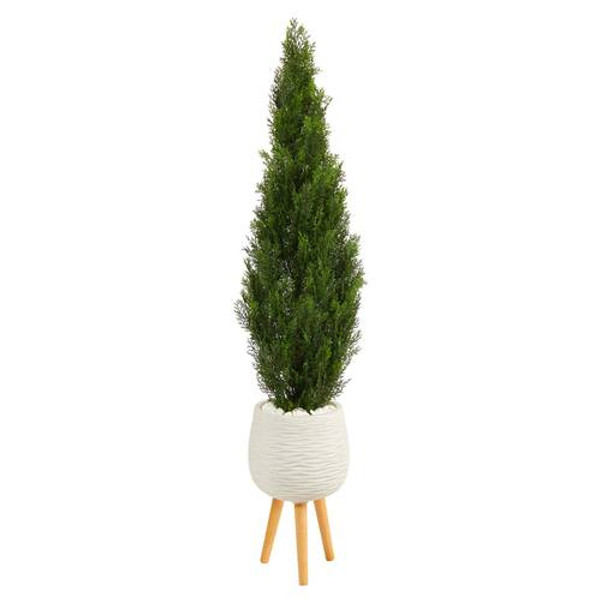 5' Cedar Artificial Tree In White Planter With Stand (Indoor/Outdoor) T2471 By Nearly Natural