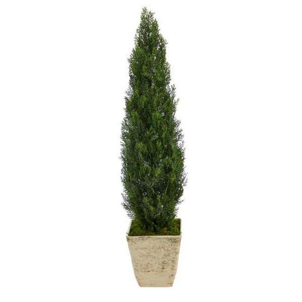51" Cedar Artificial Tree In Country White Planter (Indoor/Outdoor) T2473 By Nearly Natural