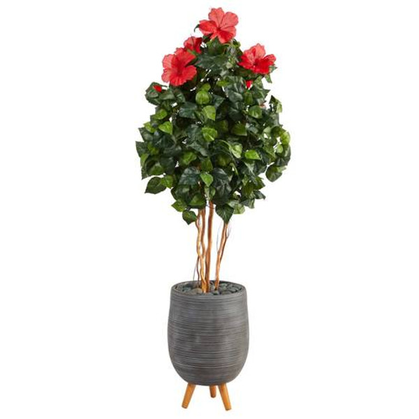 58" Hibiscus Artificial Tree In Gray Planter With Stand T2484 By Nearly Natural