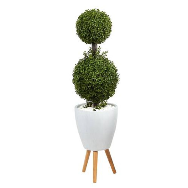 4' Double Boxwood Topiary Artificial Tree In White Planter With Stand (Indoor/Outdoor) T2491 By Nearly Natural