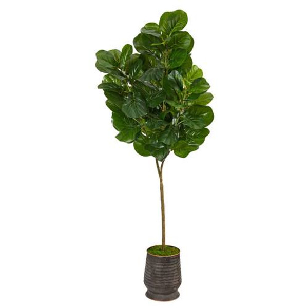 74" Fiddle Leaf Fig Artificial Tree In Ribbed Metal Planter T2503 By Nearly Natural