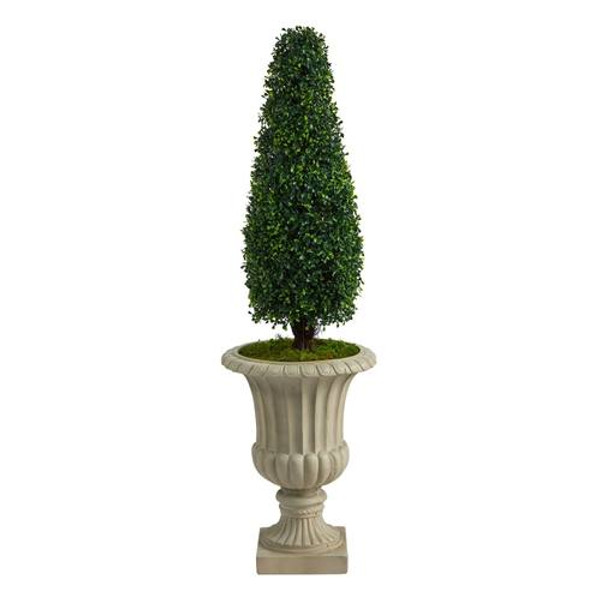 4' Boxwood Tower Artificial Topiary Tree In Sand Finished Urn Uv Resistant (Indoor/Outdoor) T2522 By Nearly Natural