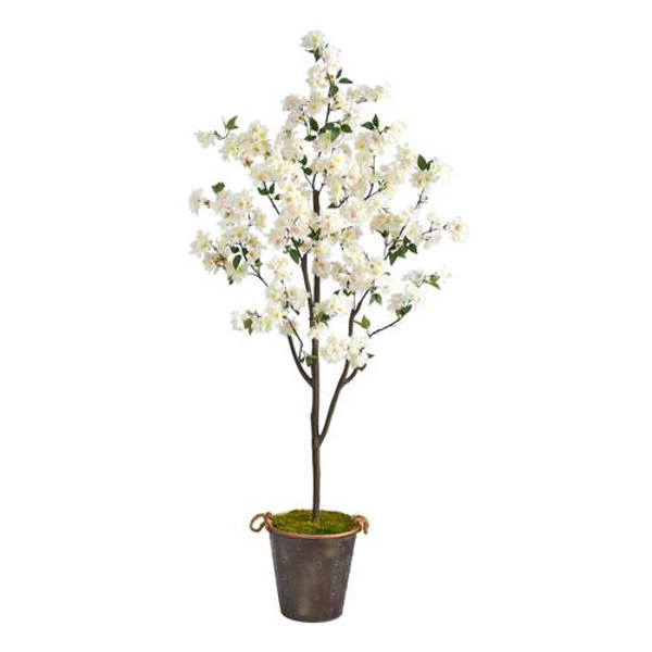 6' Cherry Blossom Artificial Tree In Decorative Metal Pail With Rope T2535 By Nearly Natural