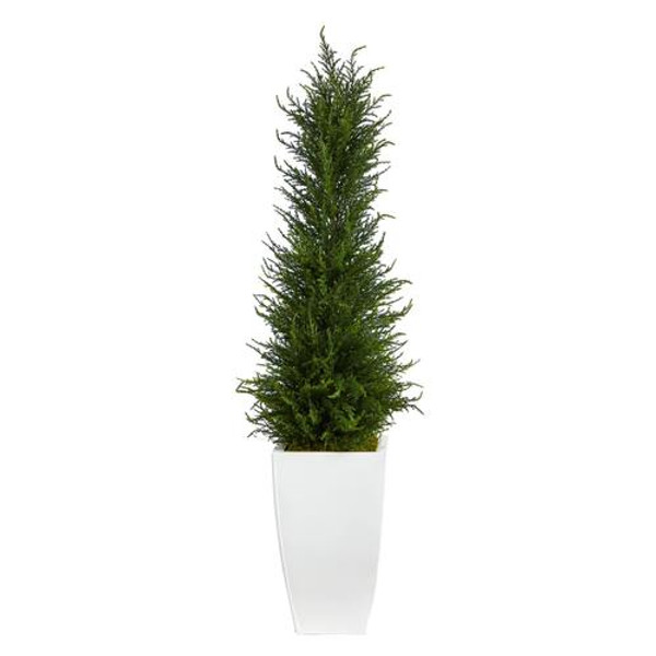3.5' Cypress Artificial Tree In White Metal Planter Uv Resistant (Indoor/Outdoor) T2602 By Nearly Natural