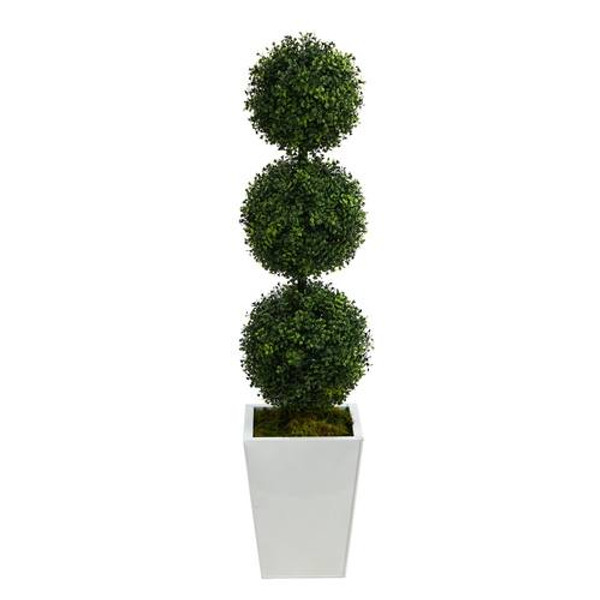 46" Boxwood Triple Ball Topiary Artificial Tree In White Metal Planter (Indoor/Outdoor) T2614 By Nearly Natural