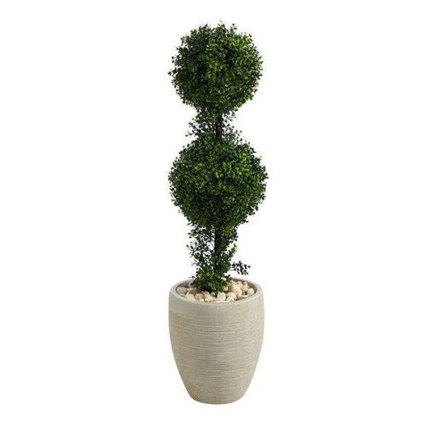 3.5' Boxwood Double Ball Topiary Artificial Tree In Sand Colored Planter (Indoor/Outdoor) T2616 By Nearly Natural