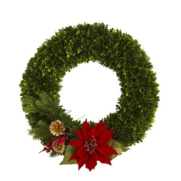 18" Tea Leaf, Poinsettia And Pine Artificial Wreath W1001 By Nearly Natural