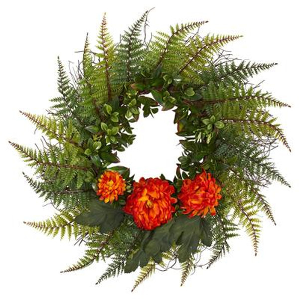 23" Assorted Fern And Chrysanthemum Artificial Wreath W1027-OG By Nearly Natural