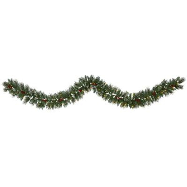 9' Frosted Swiss Pine Artificial Garland With 50 Clear Led Lights And Berries W1102 By Nearly Natural