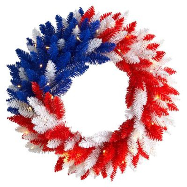 24" Patriotic Red, White And Blue "Americana" Wreath With 35 Warm Led Lights W1172 By Nearly Natural